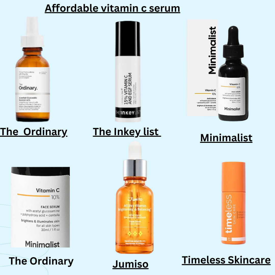 image of affordable vitamin c serum The Ordinary, The Inkeylist, Minimalist, Jumiso, Timeless Skincare