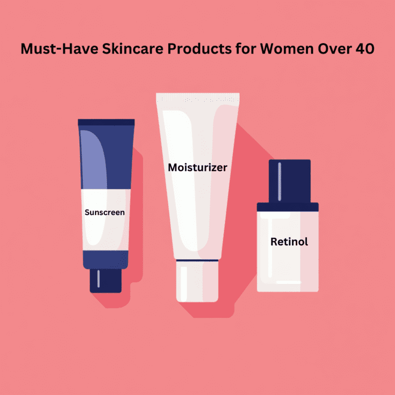 Illustration of three essential skincare products for women over 40: Sunscreen, Moisturizer, and Retinol, displayed against a pink background
